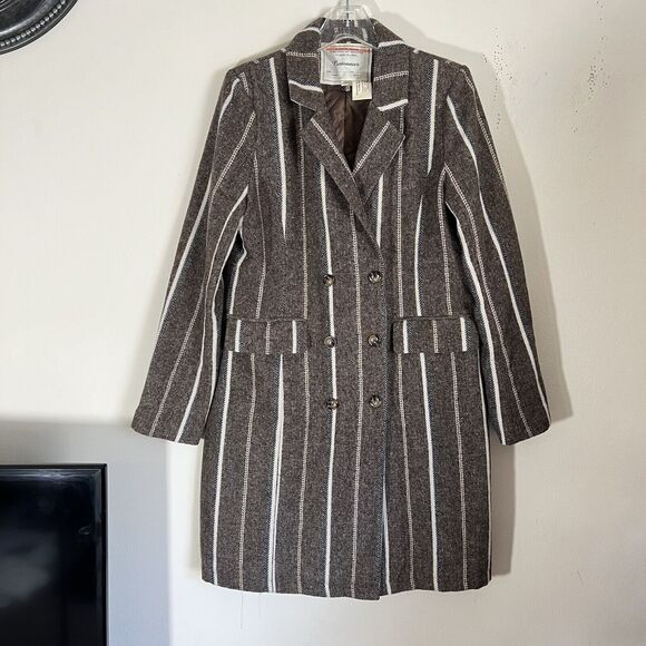 Anthropologie Cartonnier Coat Jacket Womens M Brown White Striped Wool Blend - Picture 1 of 9